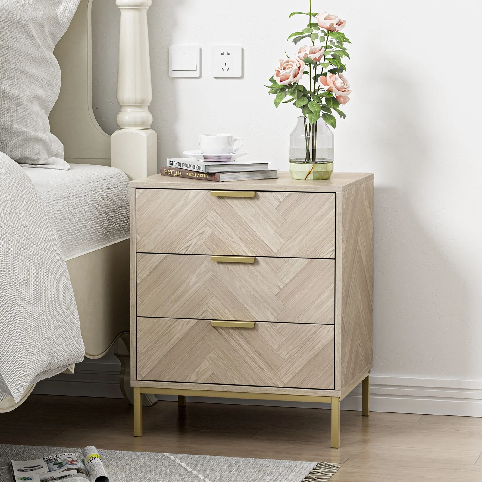 Anmytek Modern 3 Drawer Wood Grain Nightstand Bedside Table with Storage for Bedroom Living Room