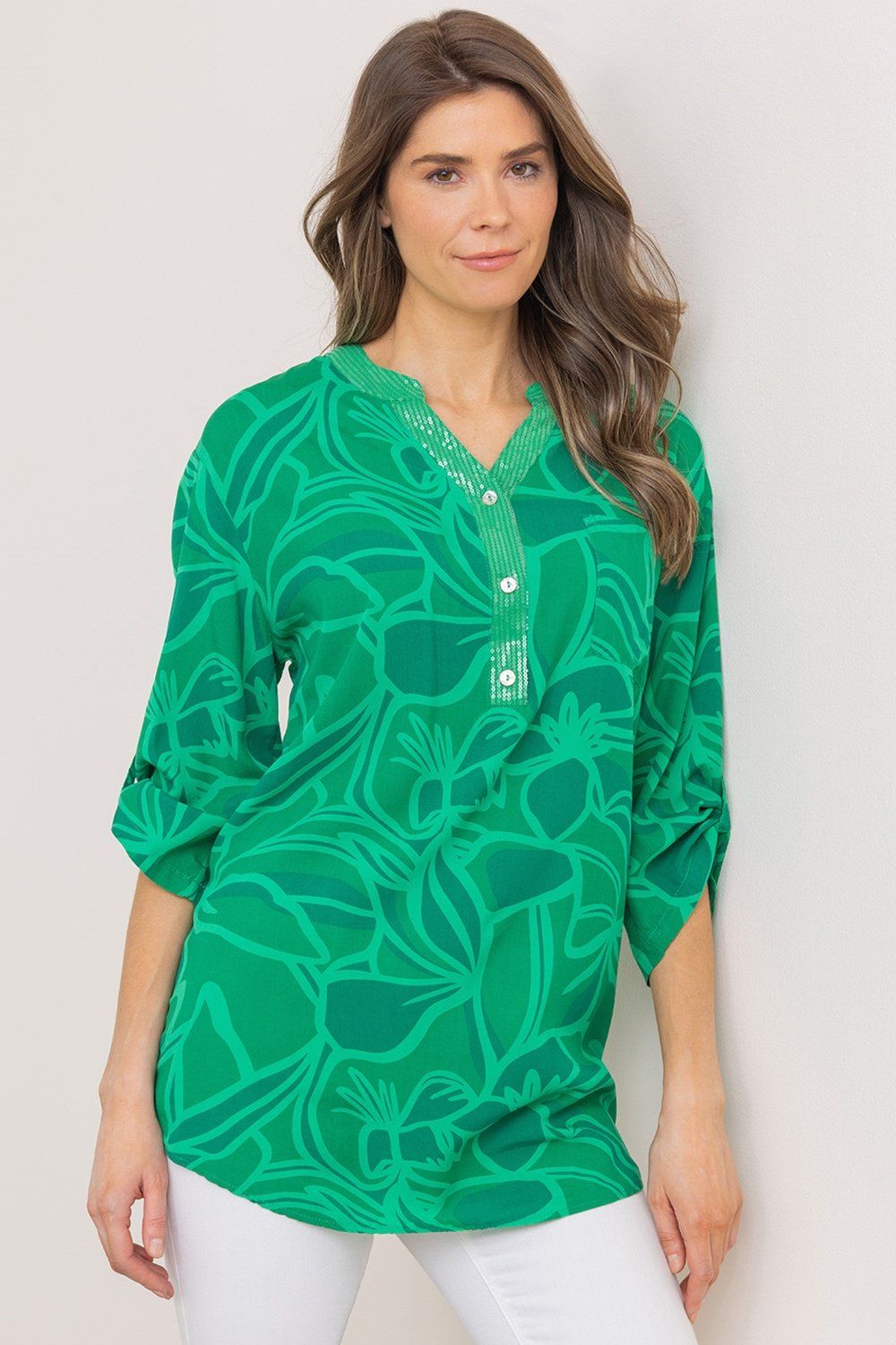 Klass. Embellished Printed Relaxed Fit Cotton Top