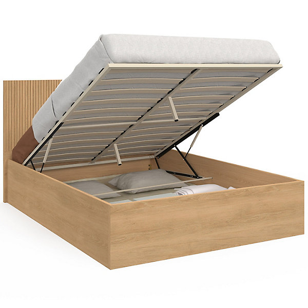 Lit coffre double SEASIDE avec tête de lit JULIETTE et sommier 140 x 190 cm effet lattes et bois