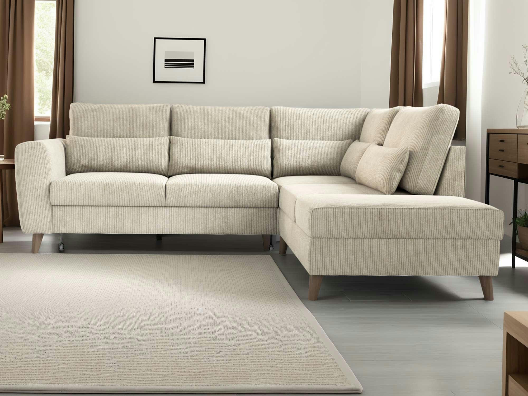 AUBEPINE - Canapé d'angle réversible convertible 5 places en velours côtelé beige