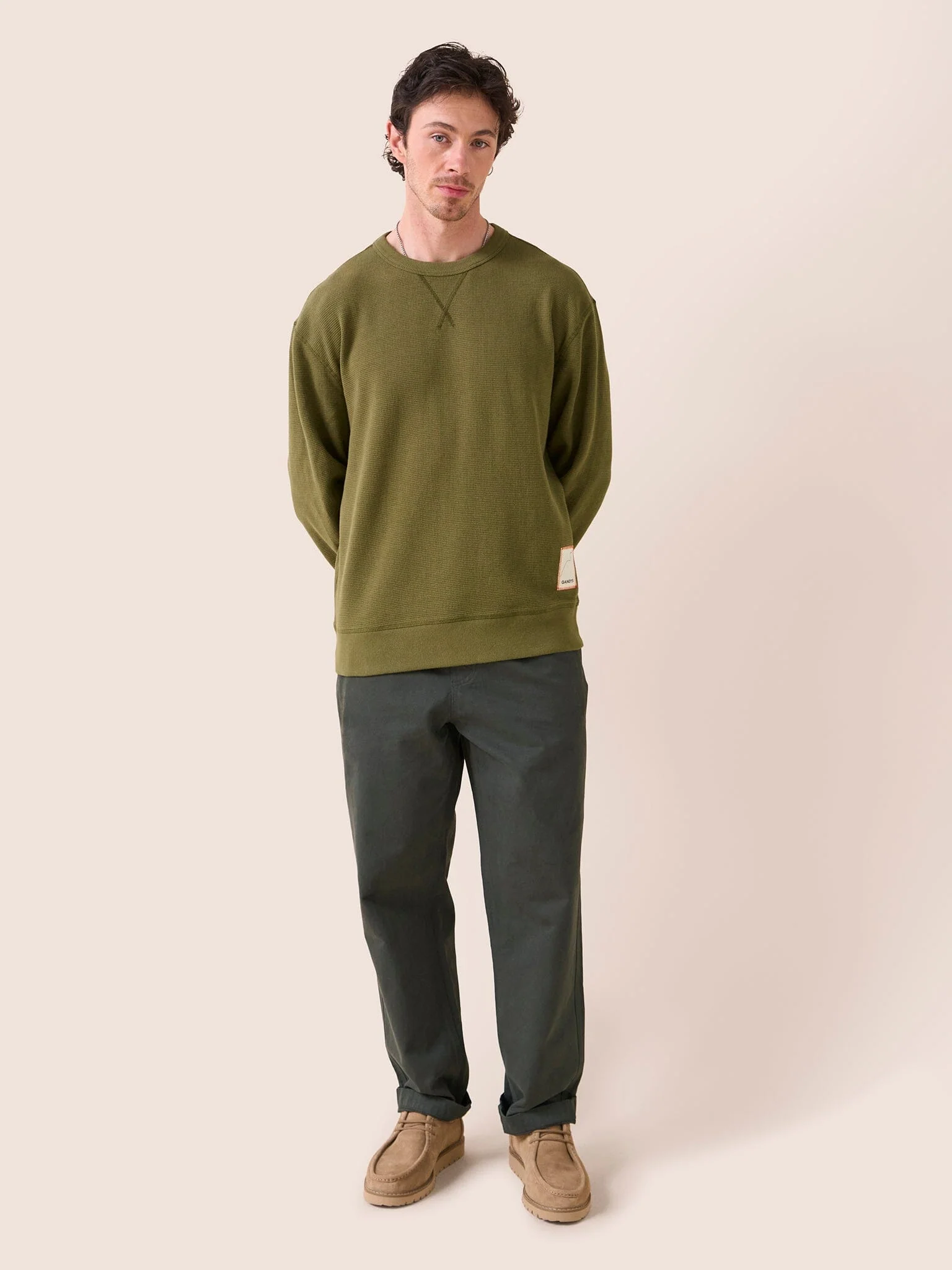 Luzon Organic Cotton Waffle Crew Neck Jumper in Khaki