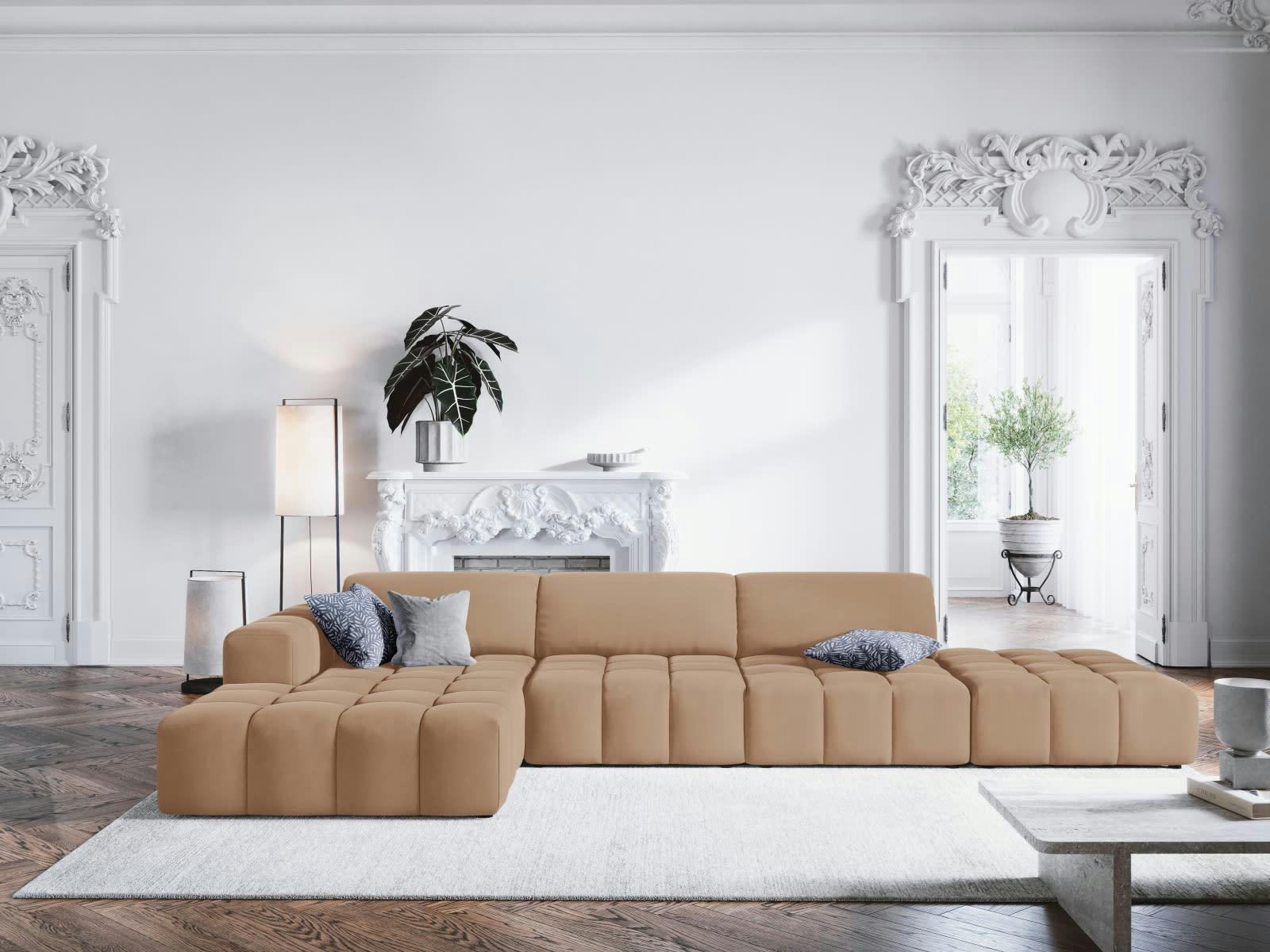 LUC - Canapé d'angle gauche 5 places en tissu velours beige foncé