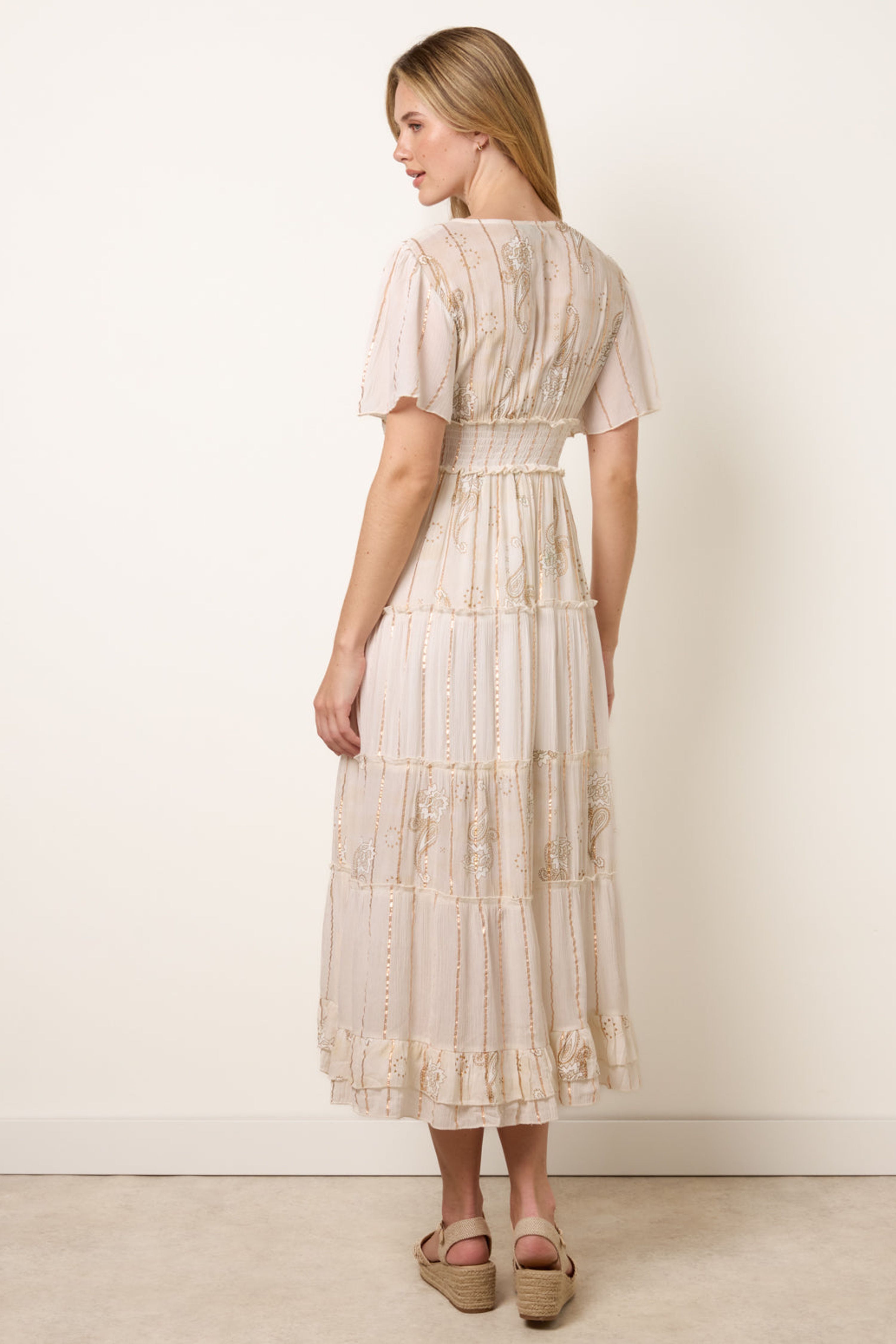 Blue Vanilla Beige Embellished Midi Dress