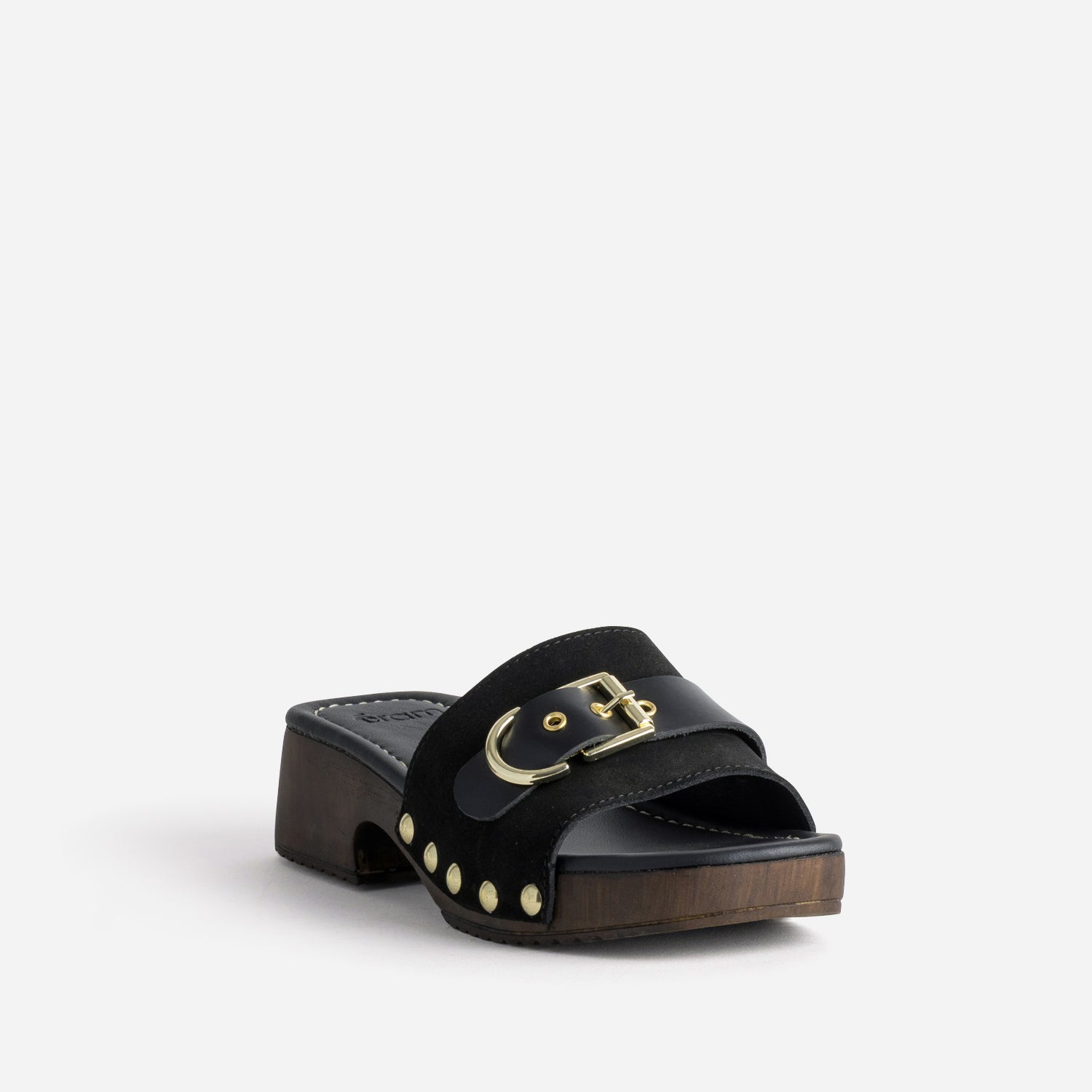 Mule noire cuir velours décor boucle