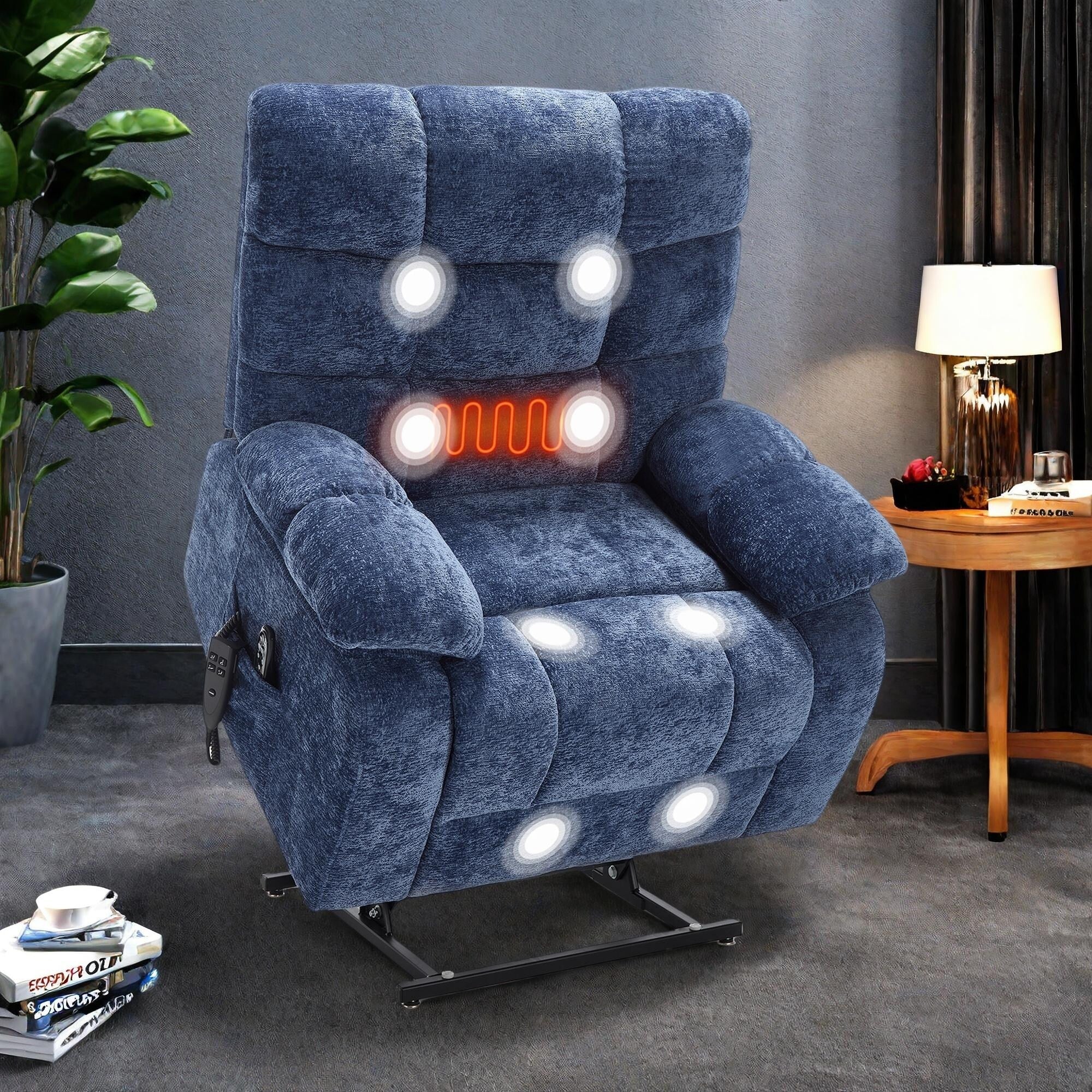 Oversized Chenille Power Lift Recliner Chair with Massage and Lumbar Heating, Charging Port, 180° Lying Flat