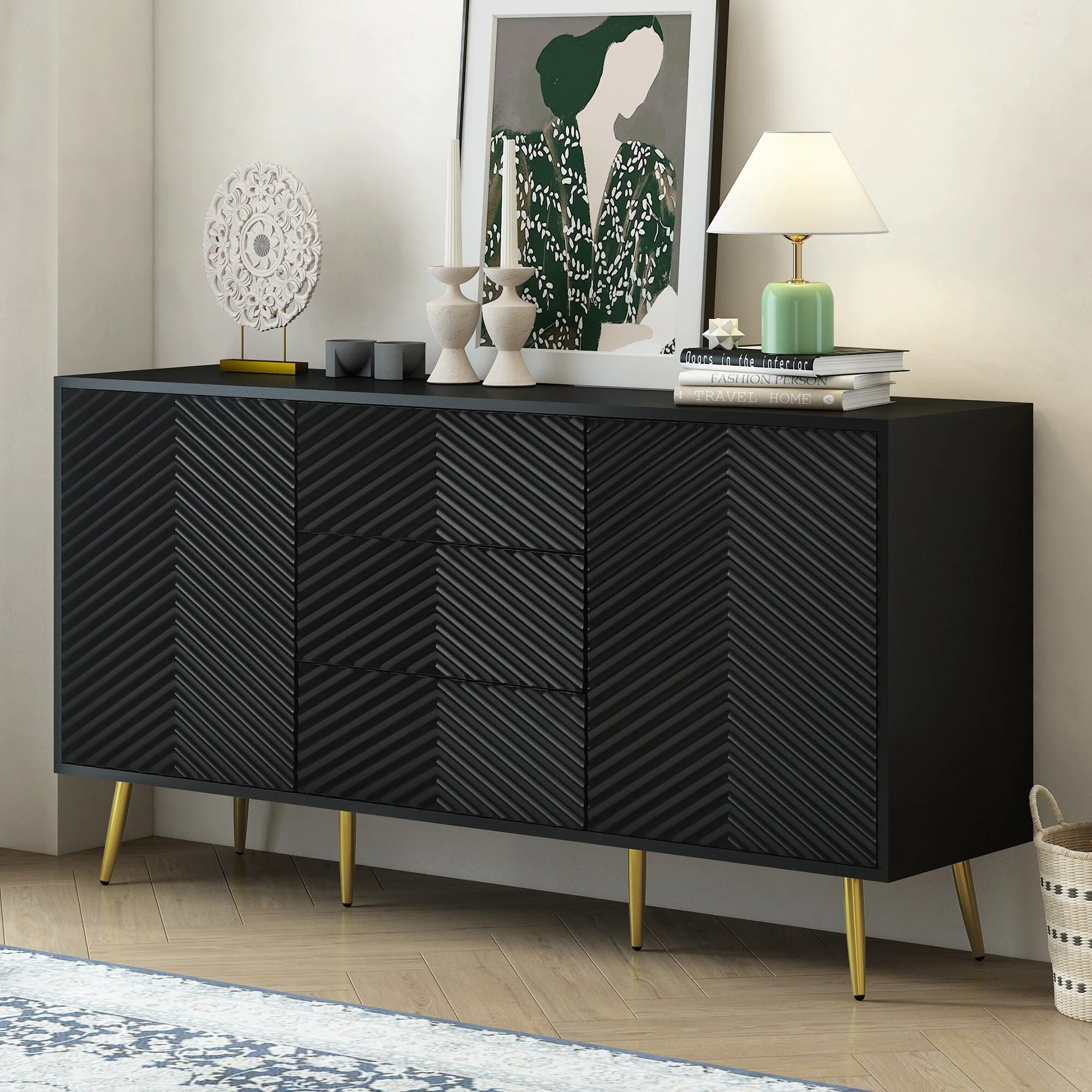 Modern Sideboard Cupboard with Geometric Line Doors, Storage Cabinet with Conical Metal Legs and 3 Drawers for Living Room