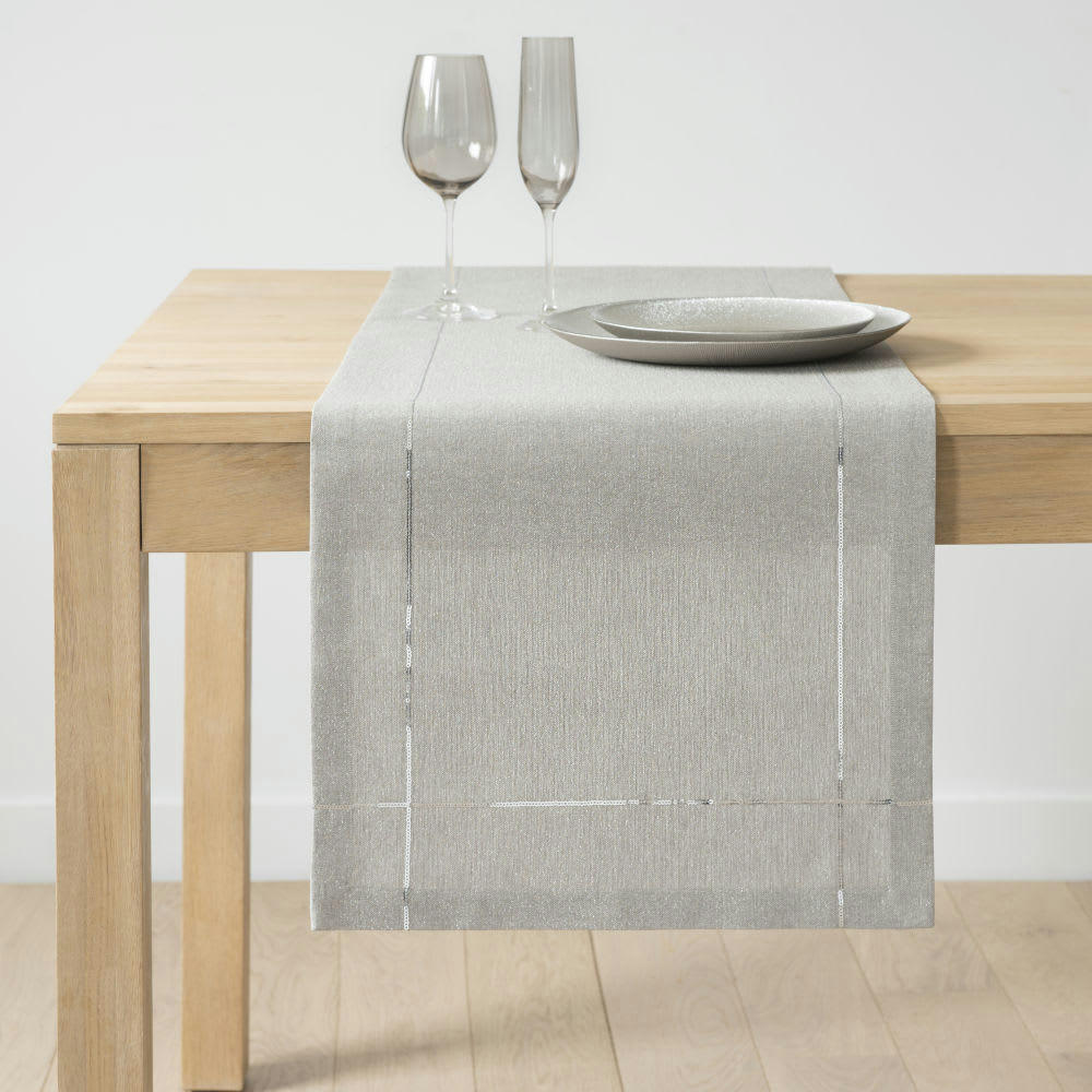 SPARKLY - Chemin de table en coton bio gris et lurex argenté 40x150