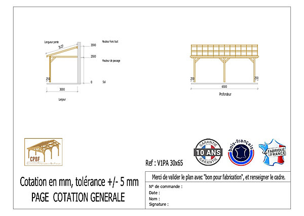 Carport adossé une pente 300cmx650cm, bois DOUGLAS Français (Charpente en bois-auvent-abri voiture) 20 m². Garantie 10 ans