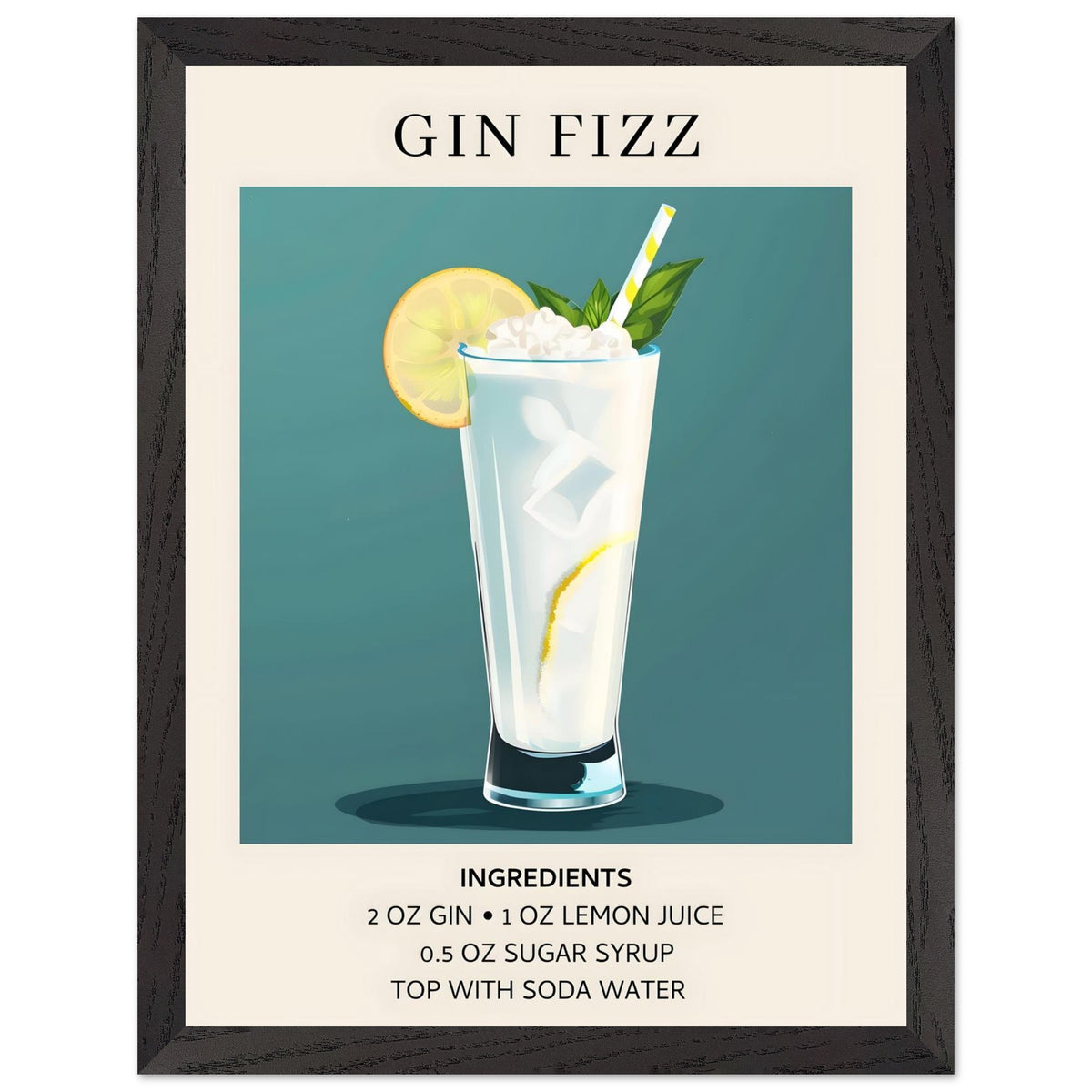 Artfulprints Poster met Lijst Gin Fizz cocktail - Ingrediënten  - 30x40 cm - Blauw