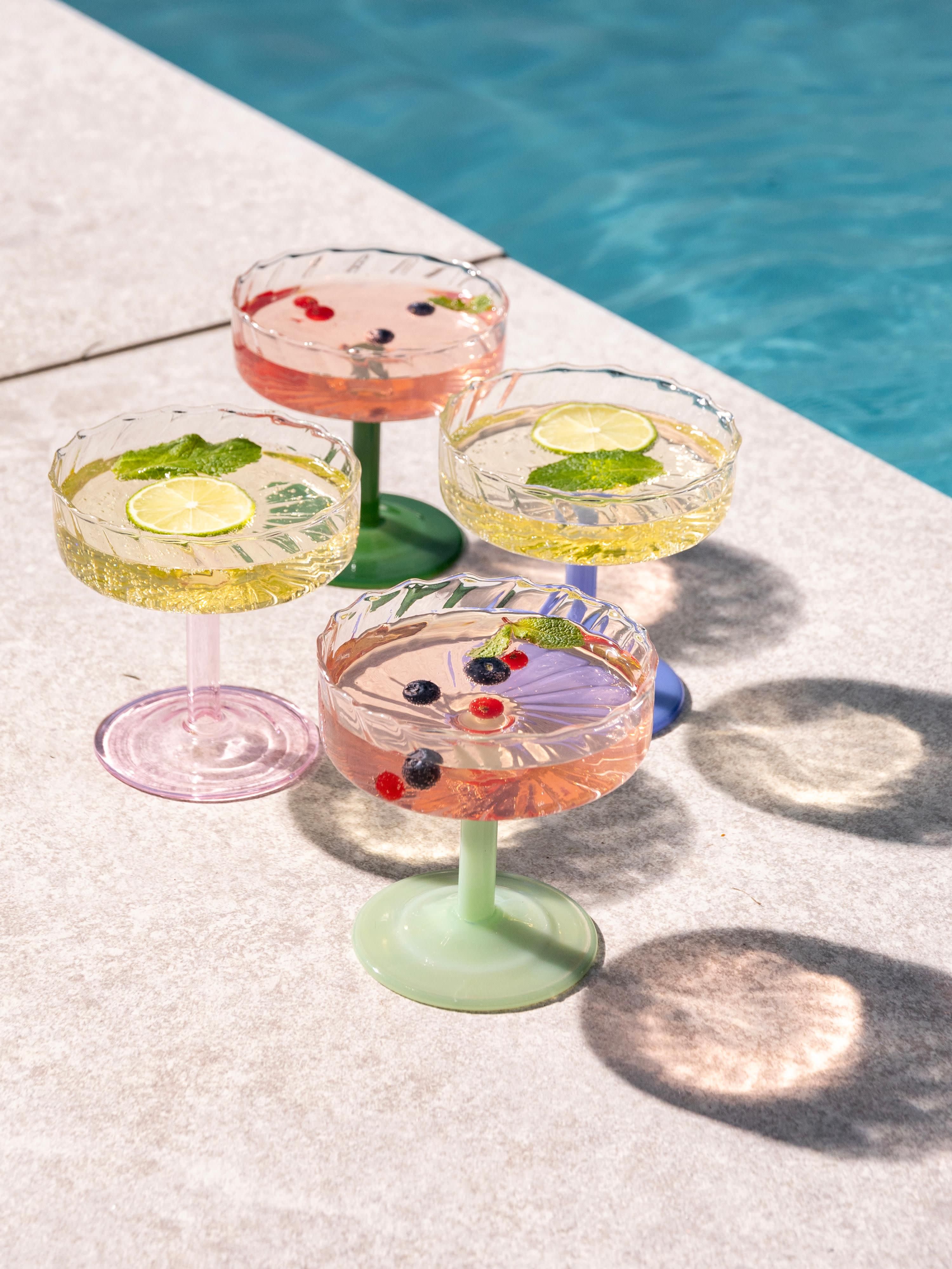 Handgefertigte Champagnerschalen Twirl aus Borosilikatglas, 2er-Set