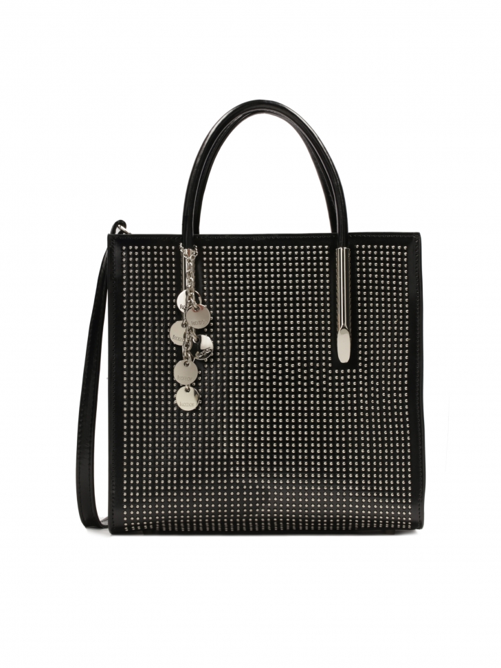 Black handbag with key ring decorated with silver rhinestones