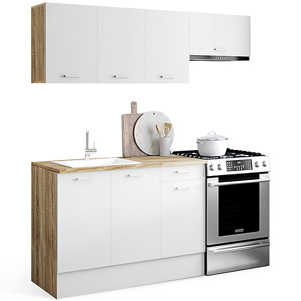 Cuisine complète 180 cm SUBTIL avec plan de travail 5 éléments bois et blanc