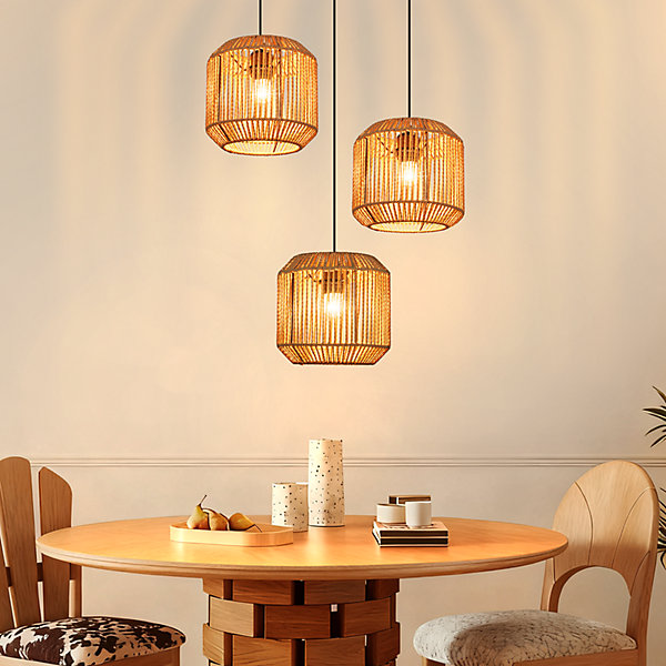 Nettlife Suspension Boho Rotin Table à Manger - Lampe 3 Lumières E27, Hauteur Réglable, Style Rétro, Salon Chambre (Sans Ampoule)