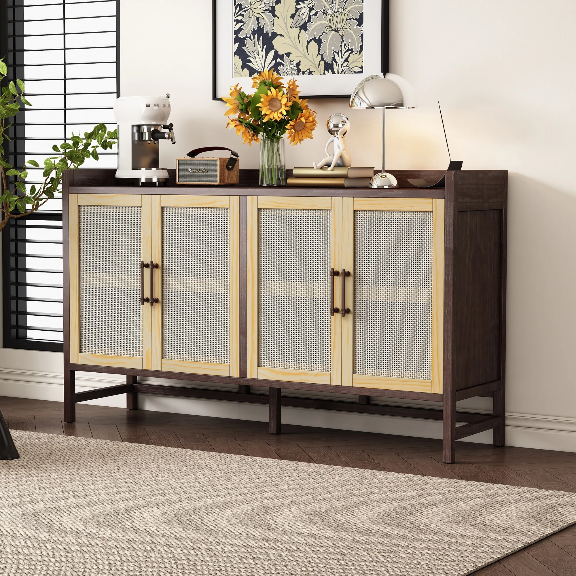 Rustic Sideboard Buffet Cabinet with Decorative Rattan Doors