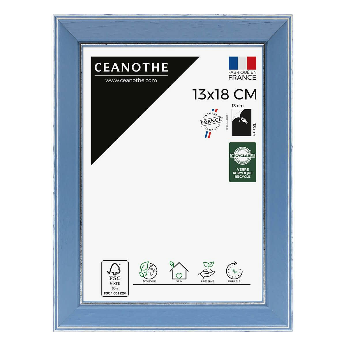 VITTORIA - Cadre photo bleu à la finition argent patiné 13x18 cm bois massif fsc