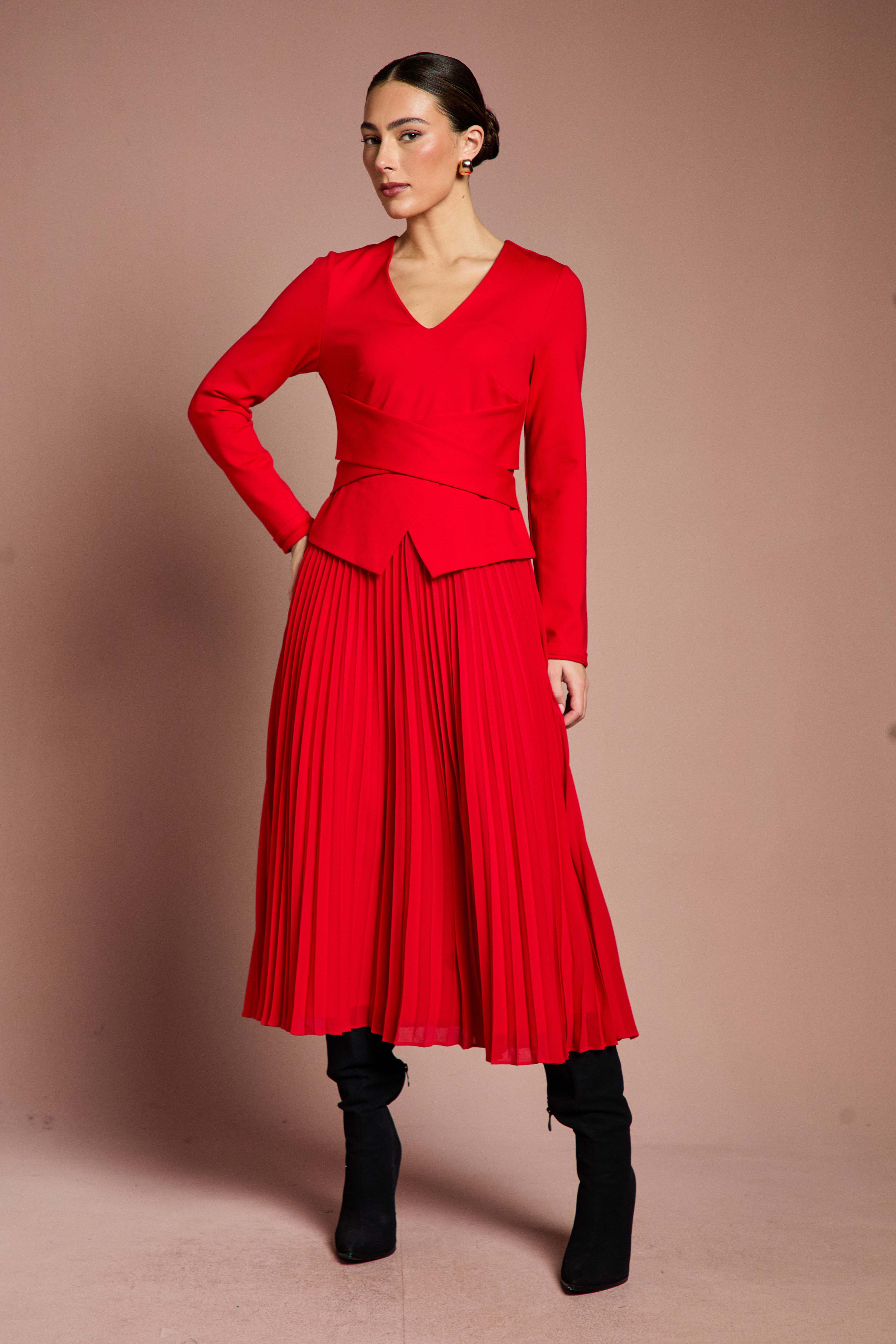Coast Lisa Tan Long Sleeve Ponte Bodice With Pleated Skirt Midi Dress