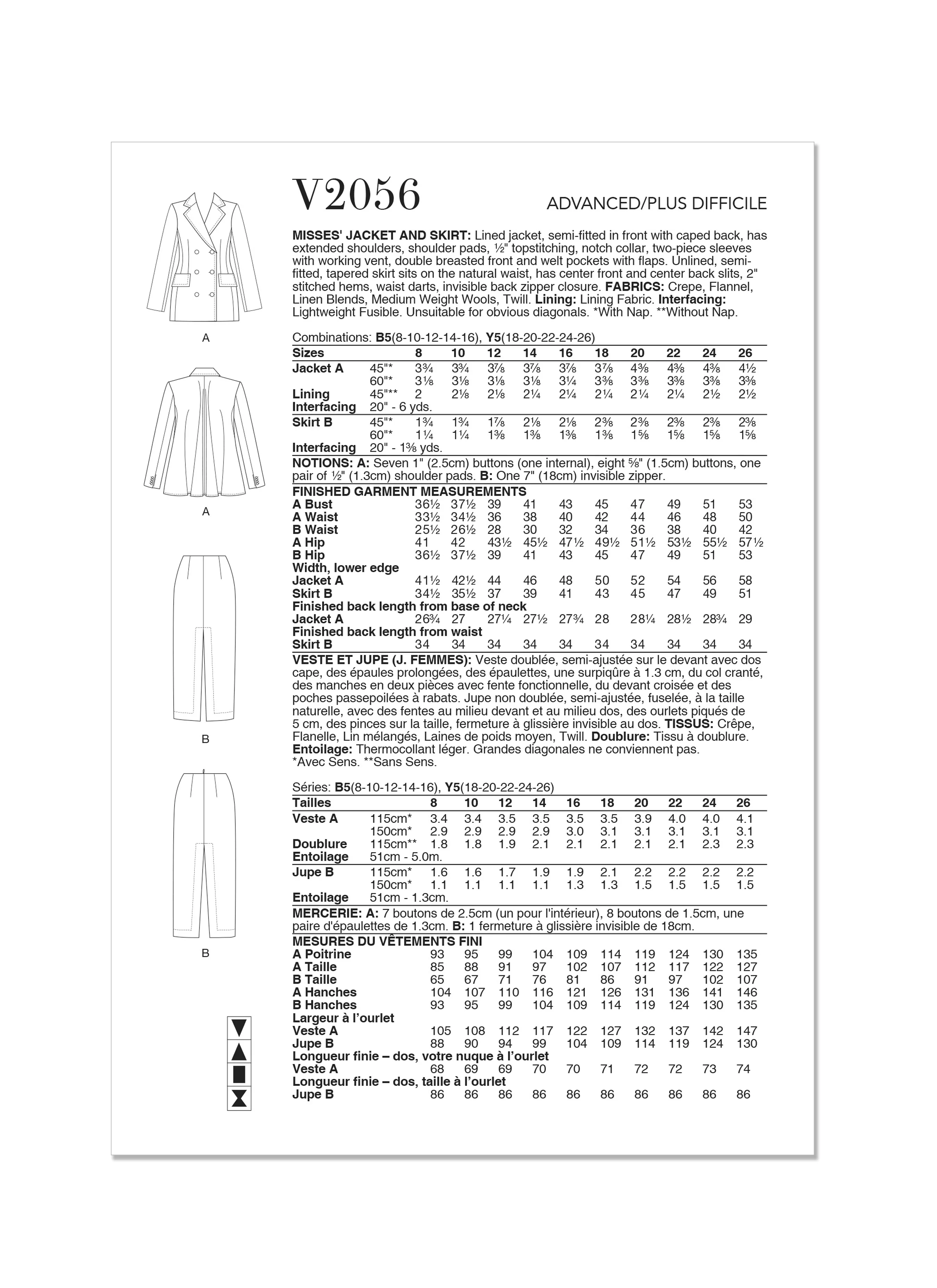 Vogue Pattern V2056  Misses' Jacket and Skirt