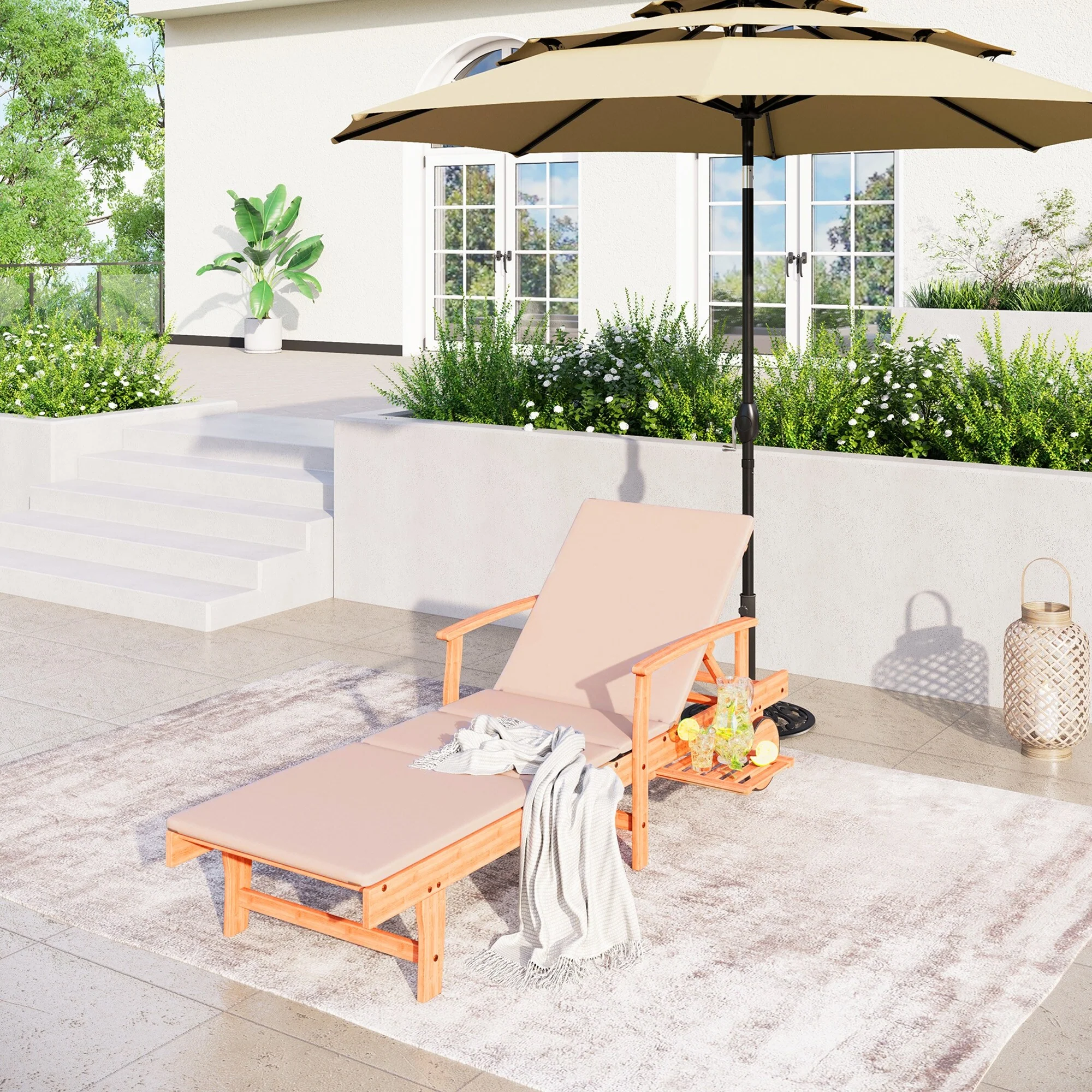 1 PCS Outdoor Wooden Chaise Lounge with Adjustable Backrest, Foldable and Removeable Sunlounge with Cushion