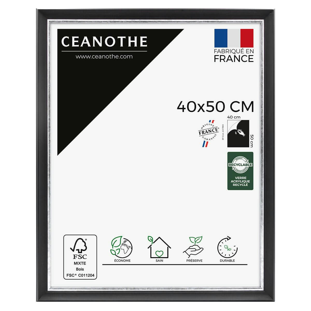 PANDORE - Cadre photo noir et finition argent 40x50 cm résine recyclée