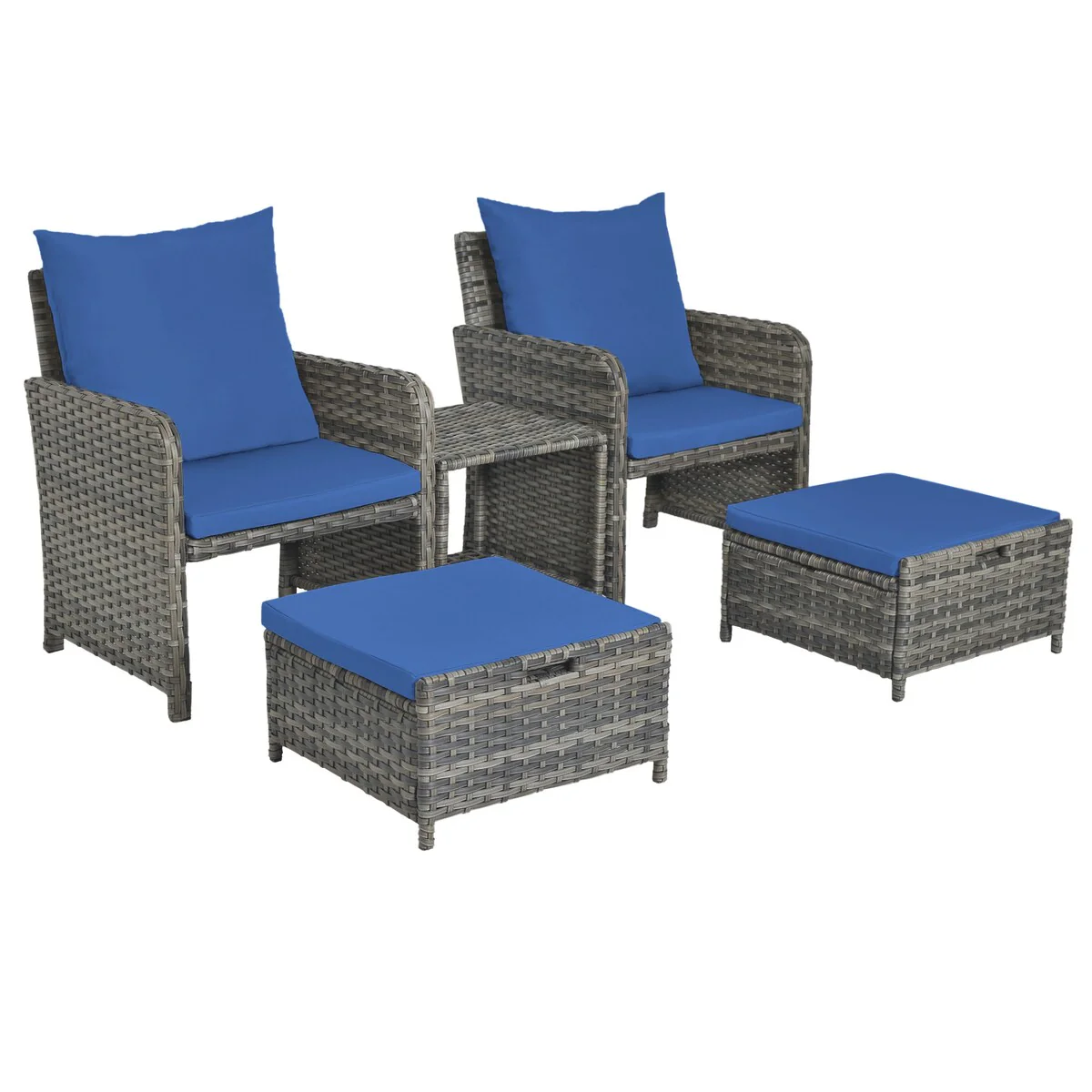 5 Pieces Patio Conversation Set with Cushions Coffee Table and 2 Ottomans