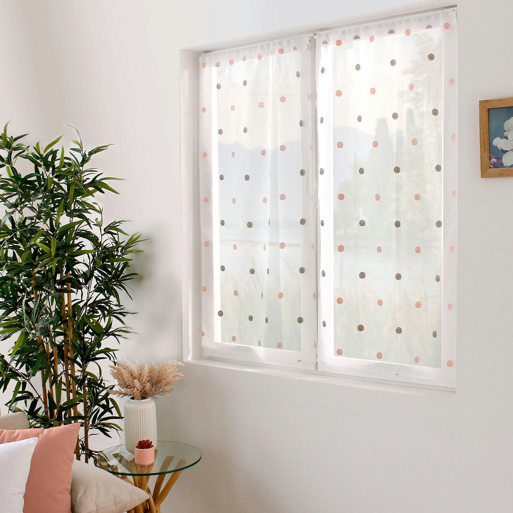 - Paire de vitrages droits à pois colorés polyester gris perle 60x120 cm