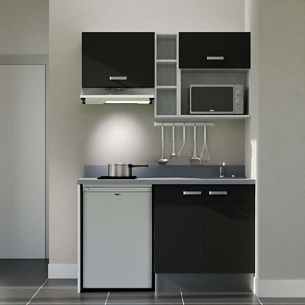 Kitchenette K13 - 140 cm - façades Noir - Plan monobloc en quartz coloris Cromo évier à droite - Electroménager Inox