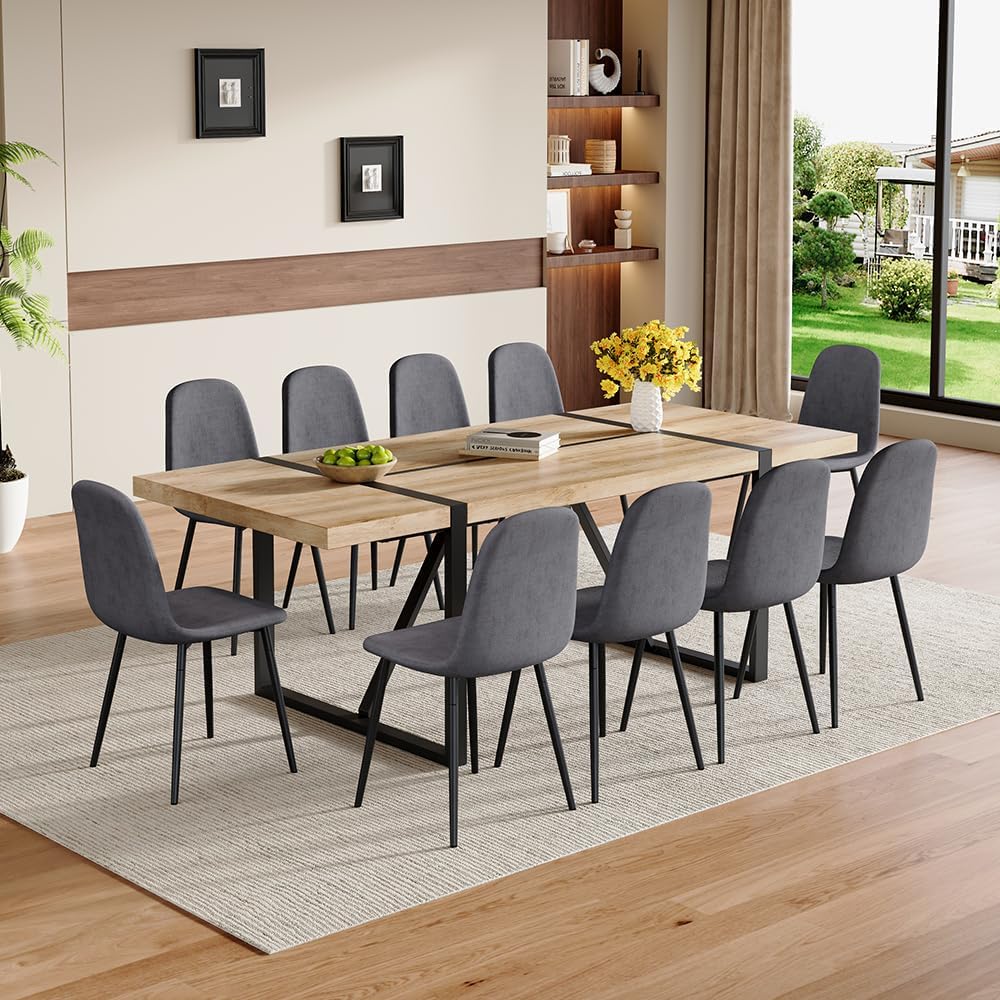 86.6 Dining Table Set for 10, Modern 11 Piece Wood Kitchen Table and Chairs Set, Large Rectangle Dining Table with 10 Linen Fabric Upholstered Chairs, Perfect for Family Gatherings and Dining Room