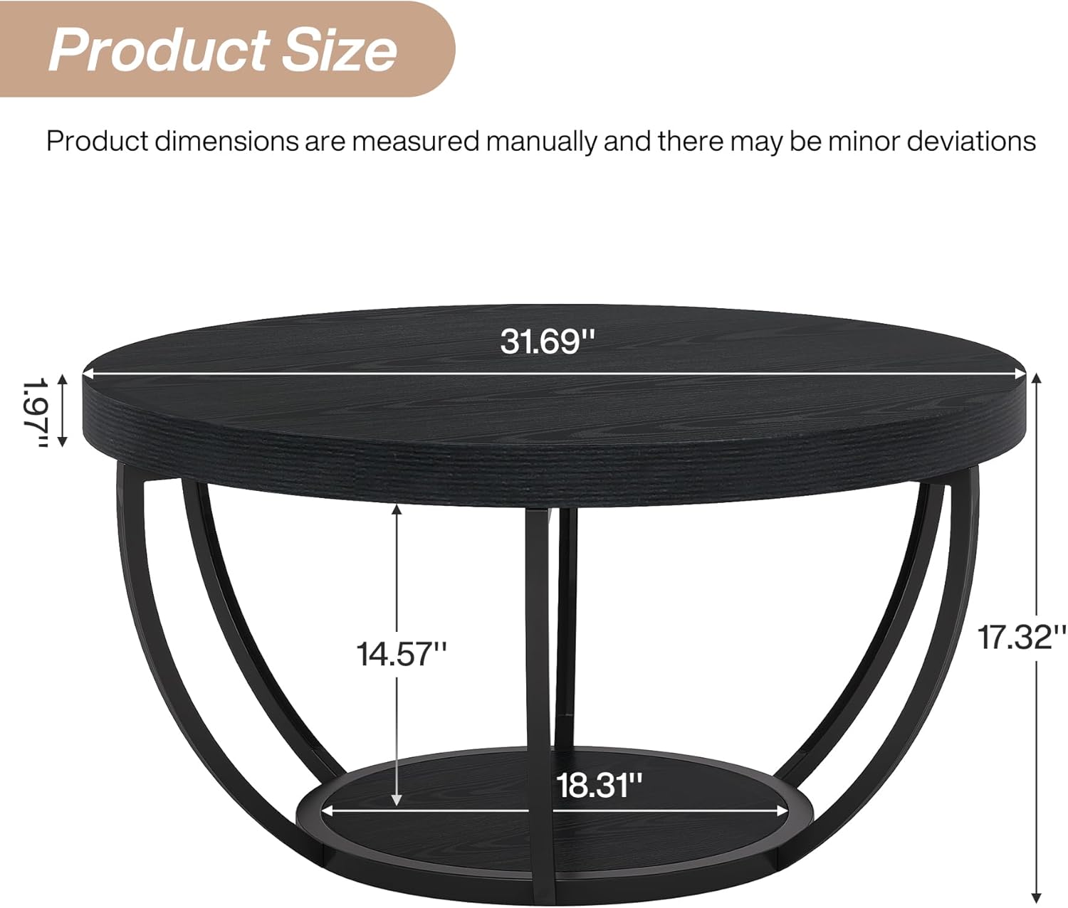 Tribesigns Black Round Coffee Table, 31.7 Modern 2-Tier Circle Coffee Table with Storage Shelves, Accent Cocktail Table Center Table for Living Room