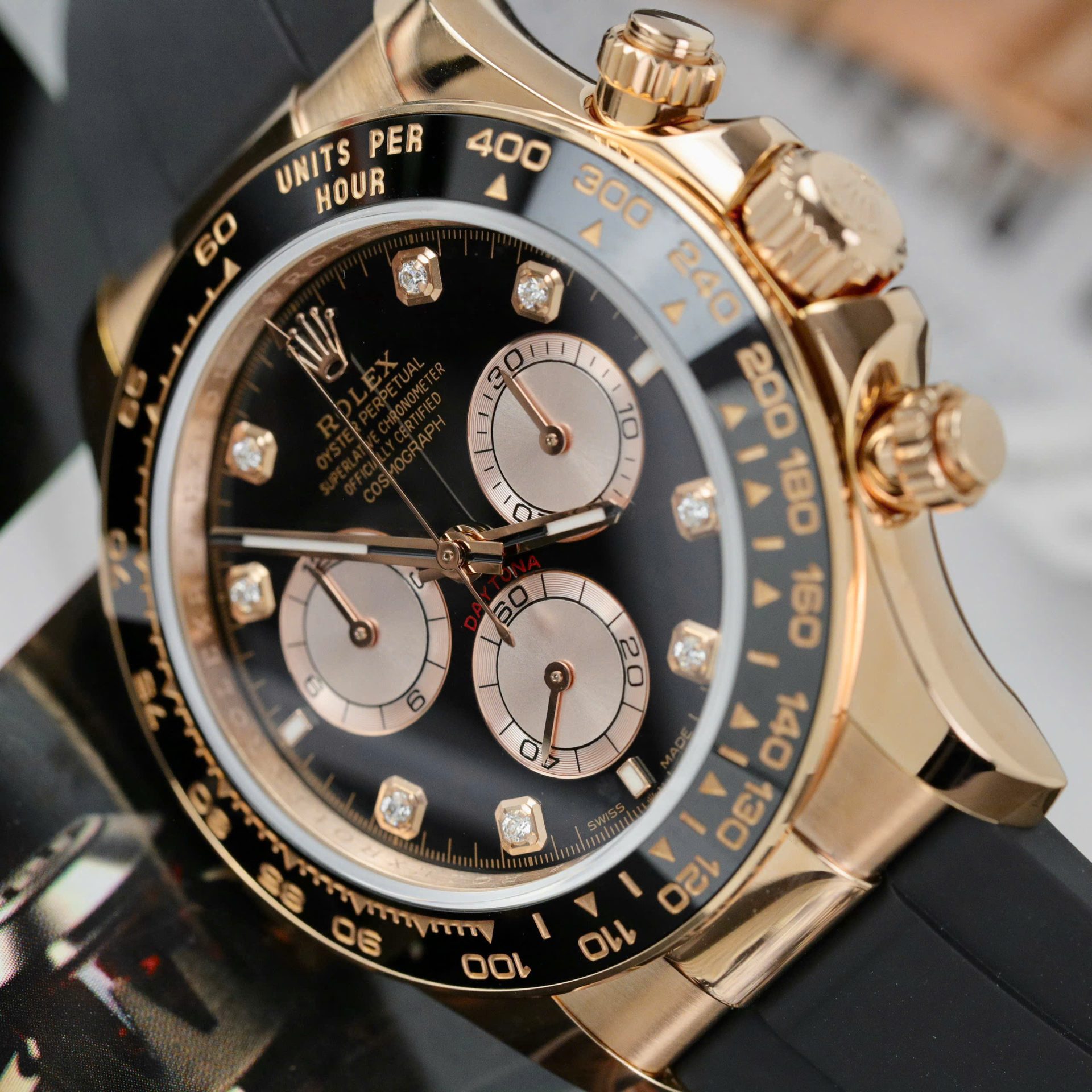 Rolex Daytona 126515 RG Plated Black Dial CZ Diamonds 40mm Oysterflex Super Clone