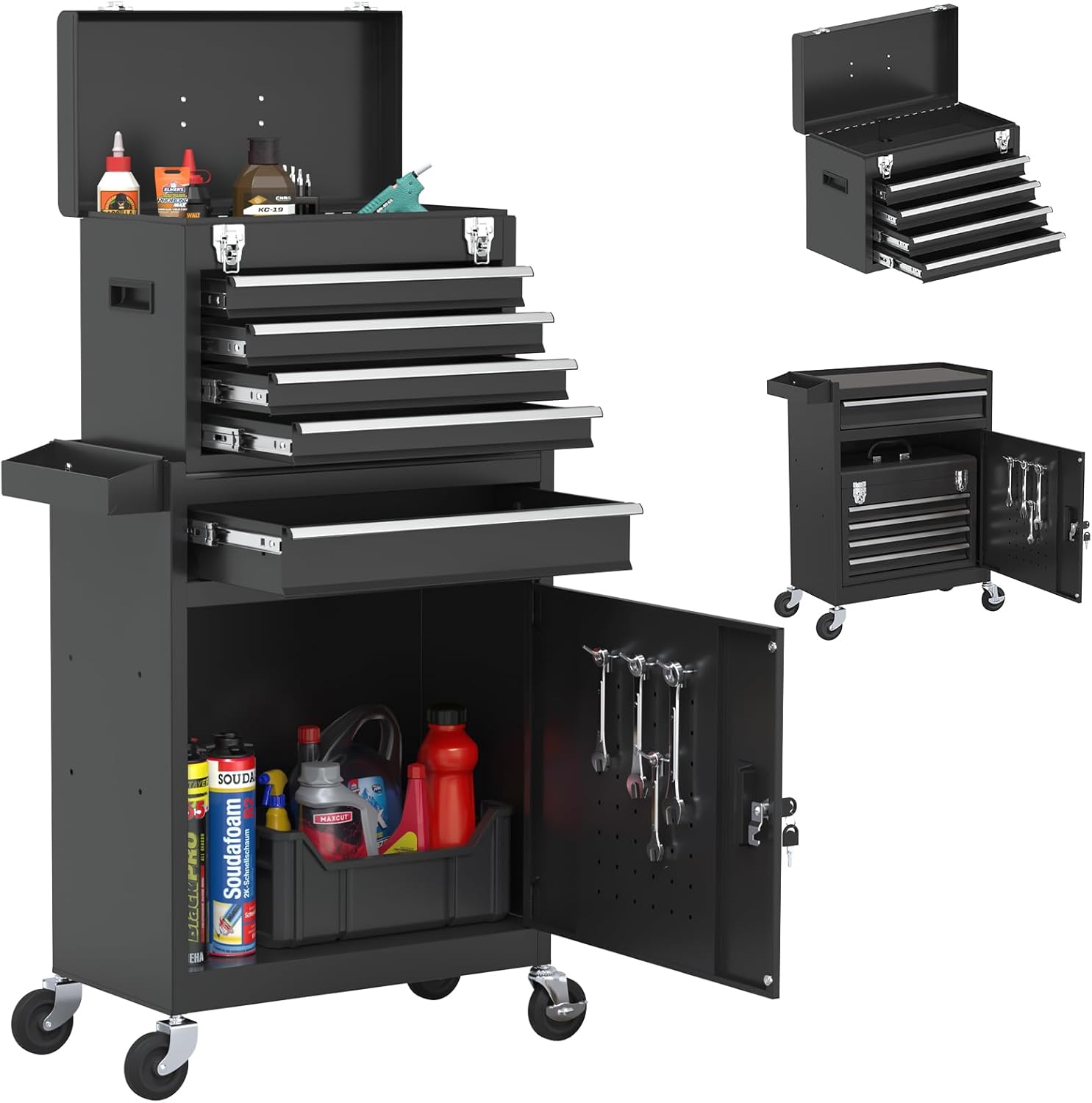 Tool Chest, 5-Drawer Rolling Tool Chest with Detachable Top Tool Box, Tool Box with Wheels, Tool Storage Cabinet for Garage, Warehouse, Workshop (Black)