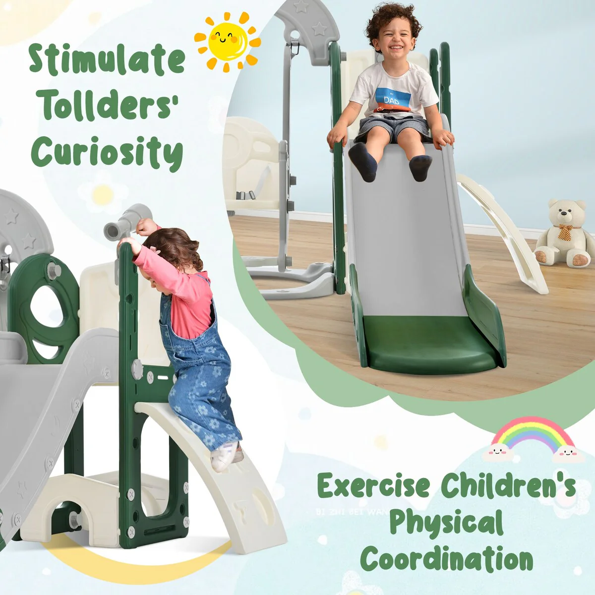 Toddler Slide and Swing Set 5 in 1, Kids Playground Climber Slide Playset with Telescope, Freestanding Combination for Babies