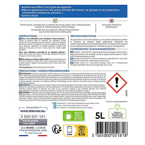 Nettoyant décrassant toitures, murs et sols gros nettoyage Starwax 5L