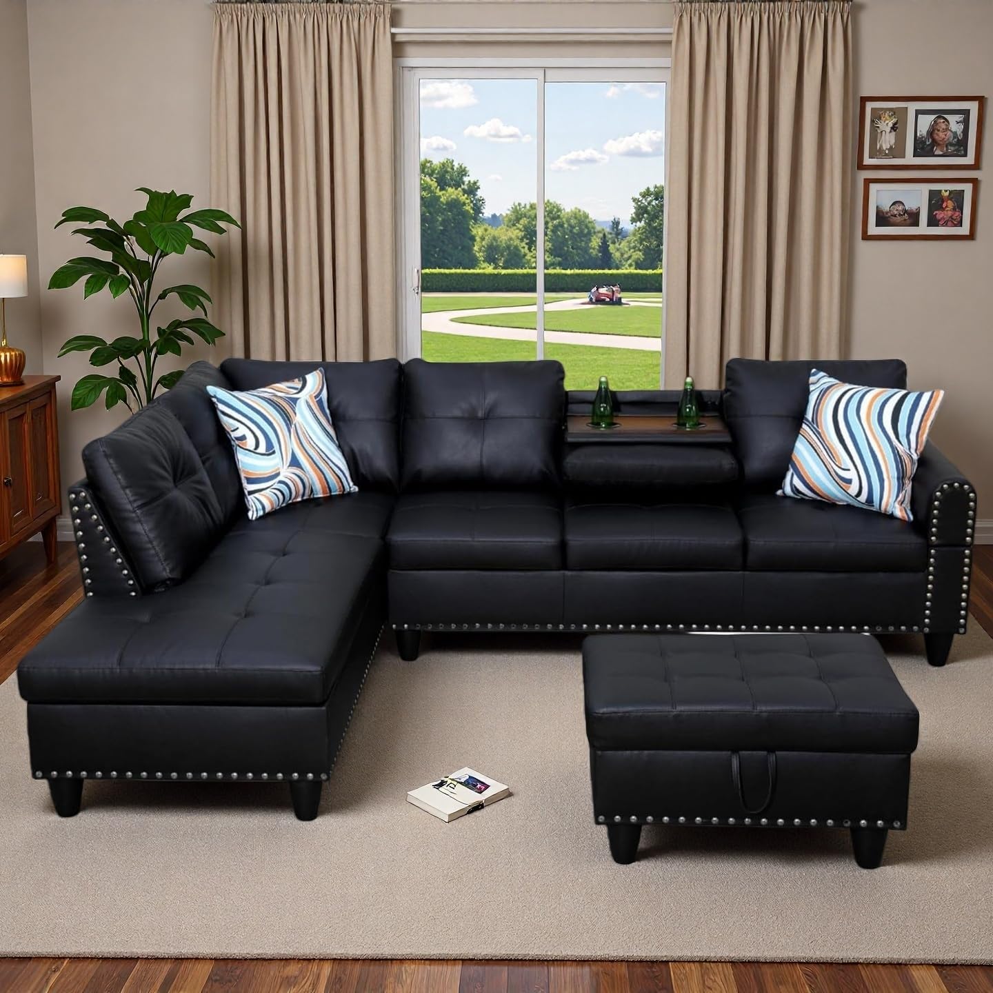 97.5 L Shaped Couch Set, Modular Sectional Couches for Living Room with Storage Ottoman, 4 Seat Home Sofa Living Room Furniture Sets with Chaise for Apartment Office (Leather, Black)