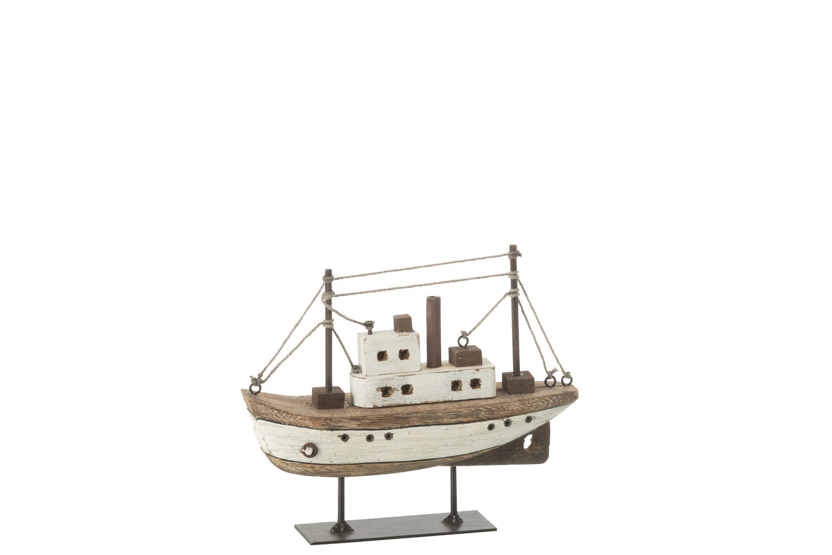 J-Line decoratie Boot Op Voet - hout - naturel/wit - small