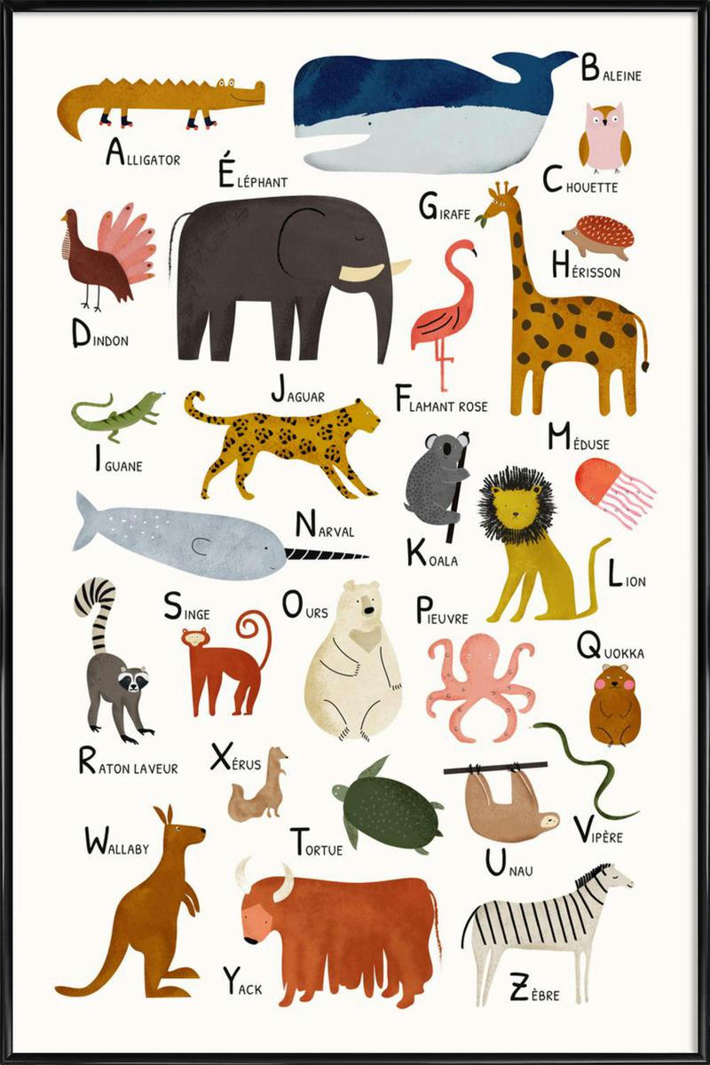 ABÉCÉDAIRE DES ANIMAUX - Affiche dans cadre standard (noir) multicolore 30x45
