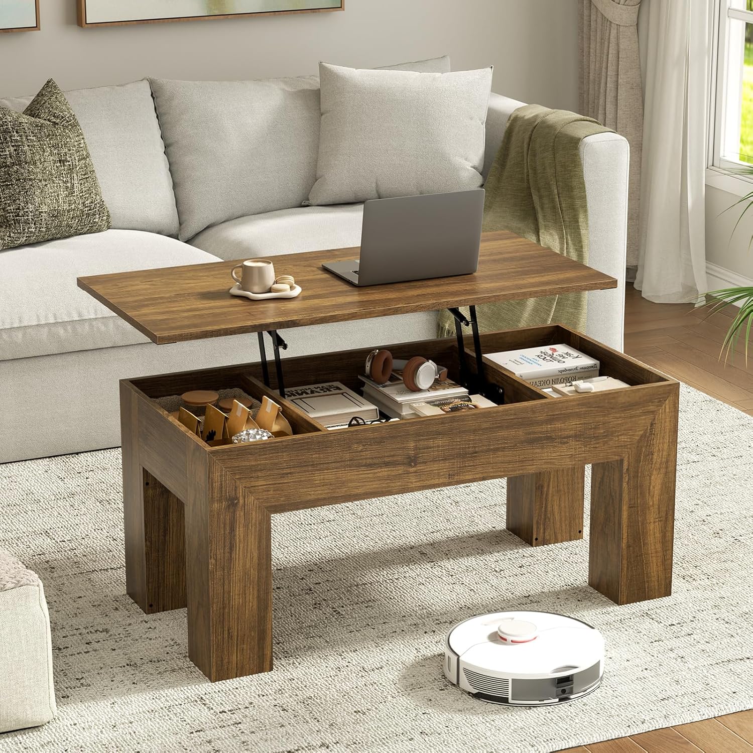 FABATO 41.7'' Lift Top Coffee Table, Wooden Rectangle Coffee Table with Hidden Storage, Large Center Table Adjustable Height Sofa Table for Living Room Office Apartment, Brown