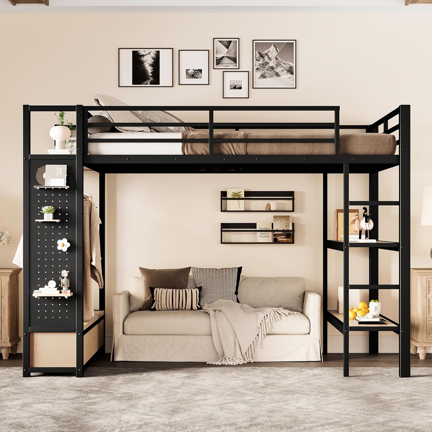 Bellemave Full Size Metal Loft Bed Frame with Wardrobe and Storage Shelves, Loft Bed with Pegboard and Drawers, Space-Saving Loft Bed Frame with Full-Length Guardrails, Black