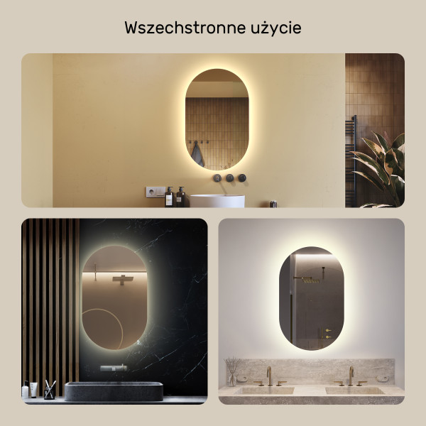 Lustro Łazienkowe Podświetlane LED 50x80 owalne z barwą neutralna