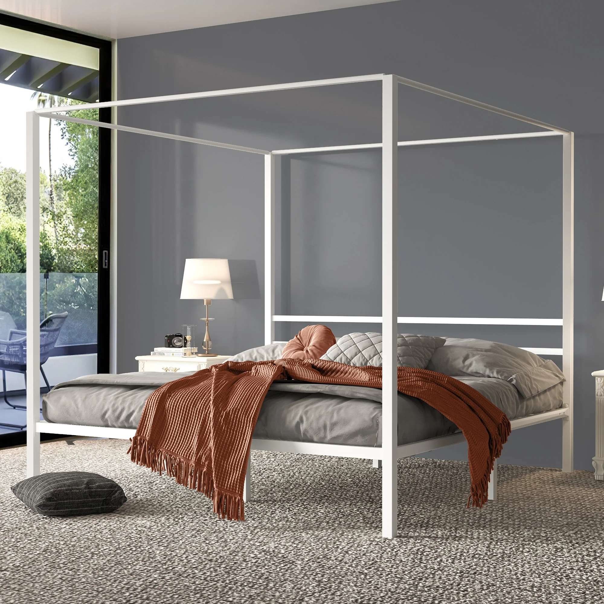 King White Metal Canopy Platform Bed Frame