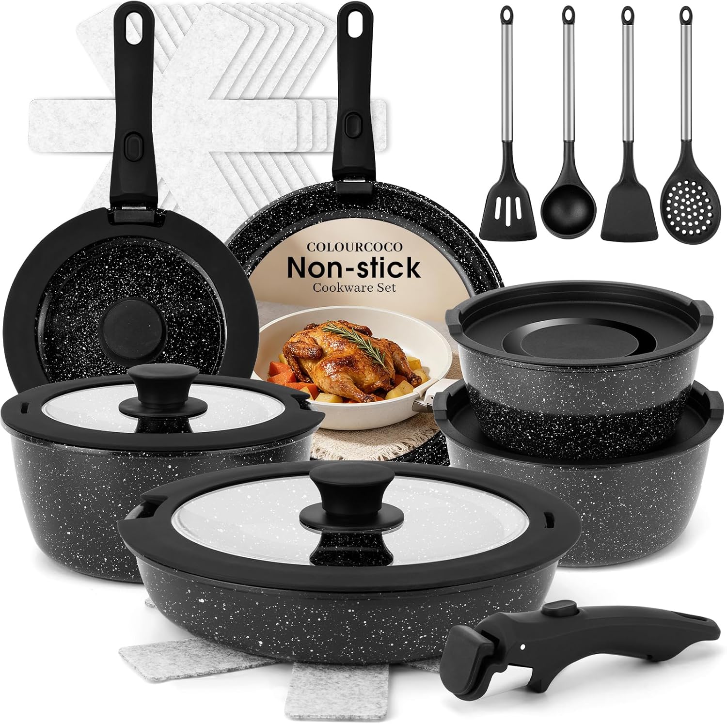 Pots and Pans Set - Non Stick 25 Pieces Cookware Set Pots and Pans with Detachable Handles, Includes Pans, Pots, Utensils, Trivets for Hot Dishes, Lids, Space-Saving Cookware
