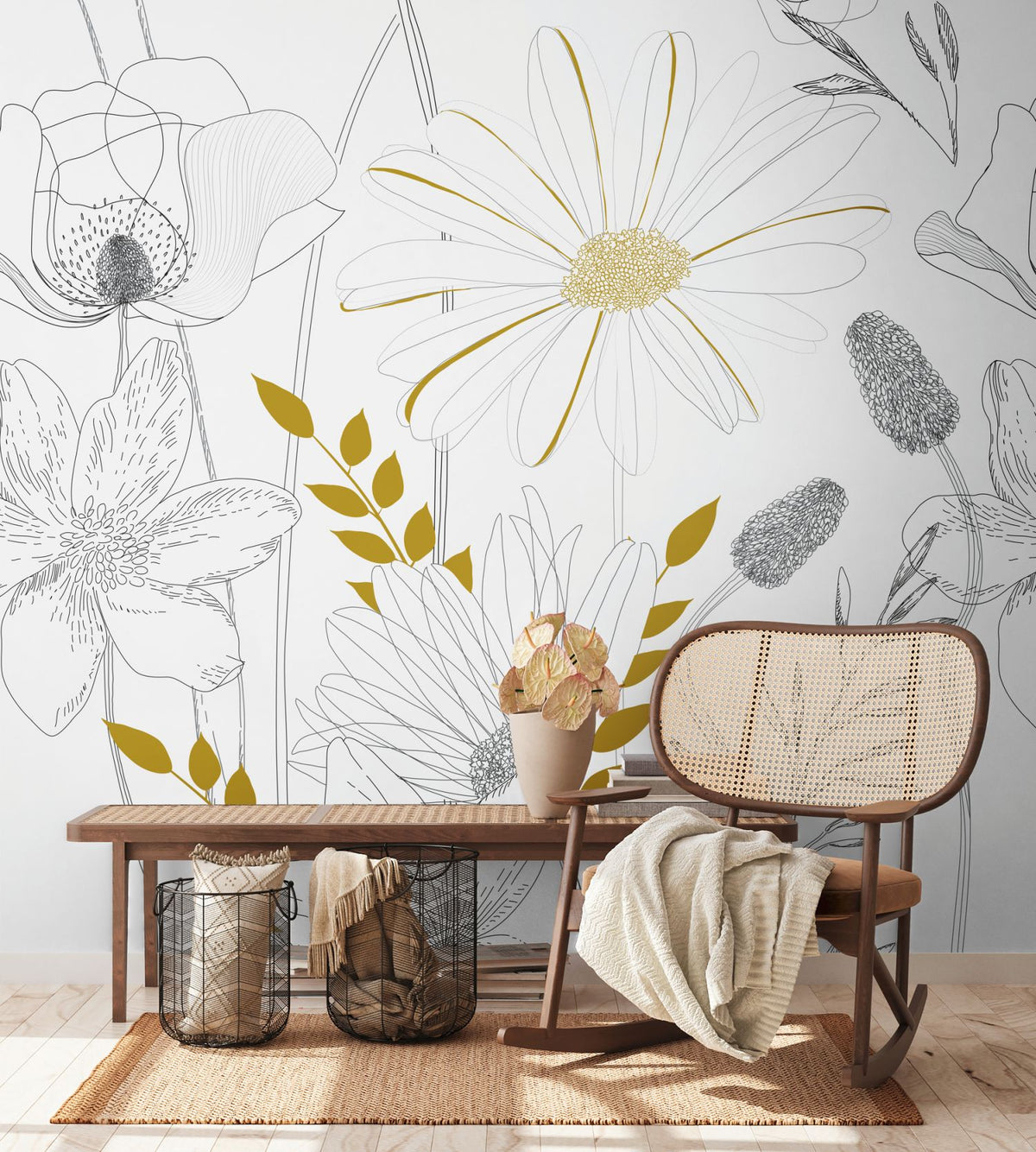Livingwalls fotobehang bloemen wit, zwart en geel - 159 x 280 cm - AS-392131