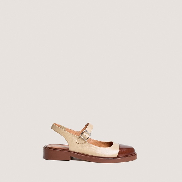 Ballerines à bouts arrières ouvertsen cuir brillant marron amande et cuir vieilli greige | DANKE