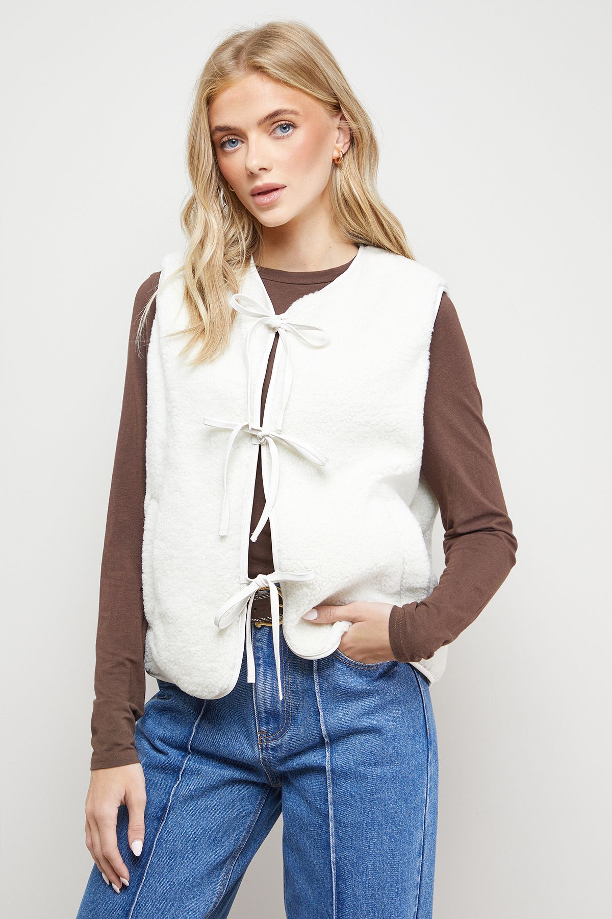 Oasis Faux Fur Gilet With Pu Binding