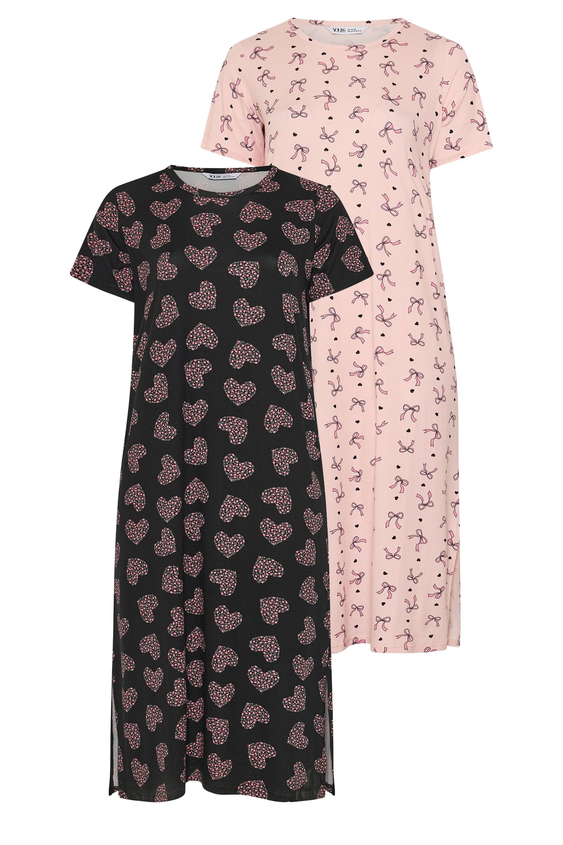 Yours 2 Pack Bow & Heart Print Midaxi Nightdresses