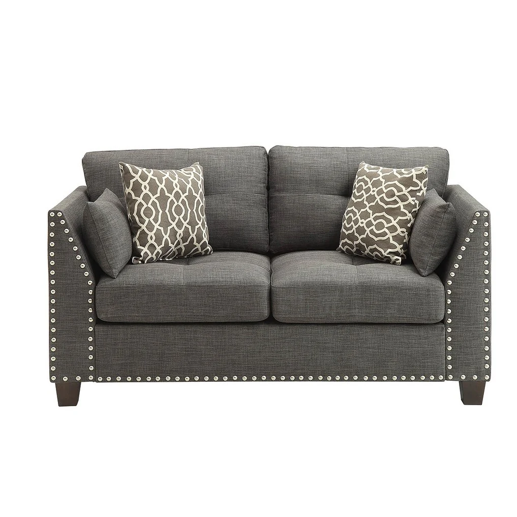 Dark Gray 59 Linen Loveseat Sofa with 4 Pillows and Nailheads for Living Rooms