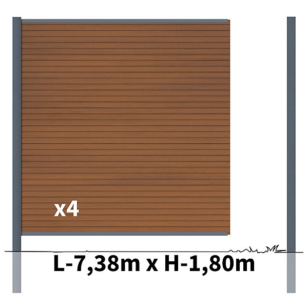 Kit Clôture Bois Composite Teck 7,5x1,8m SANTOS - Poteaux en Aluminium Gris - Brise Vue - Palissade