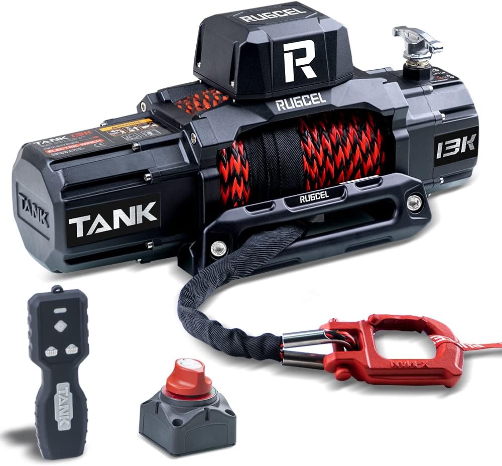 13500lb Waterproof Electric Red Synthetic Rope Winch with Hawse Fairlead, Wired Handle and 2 Wireless Remote (RED)(DUAL COLOR)