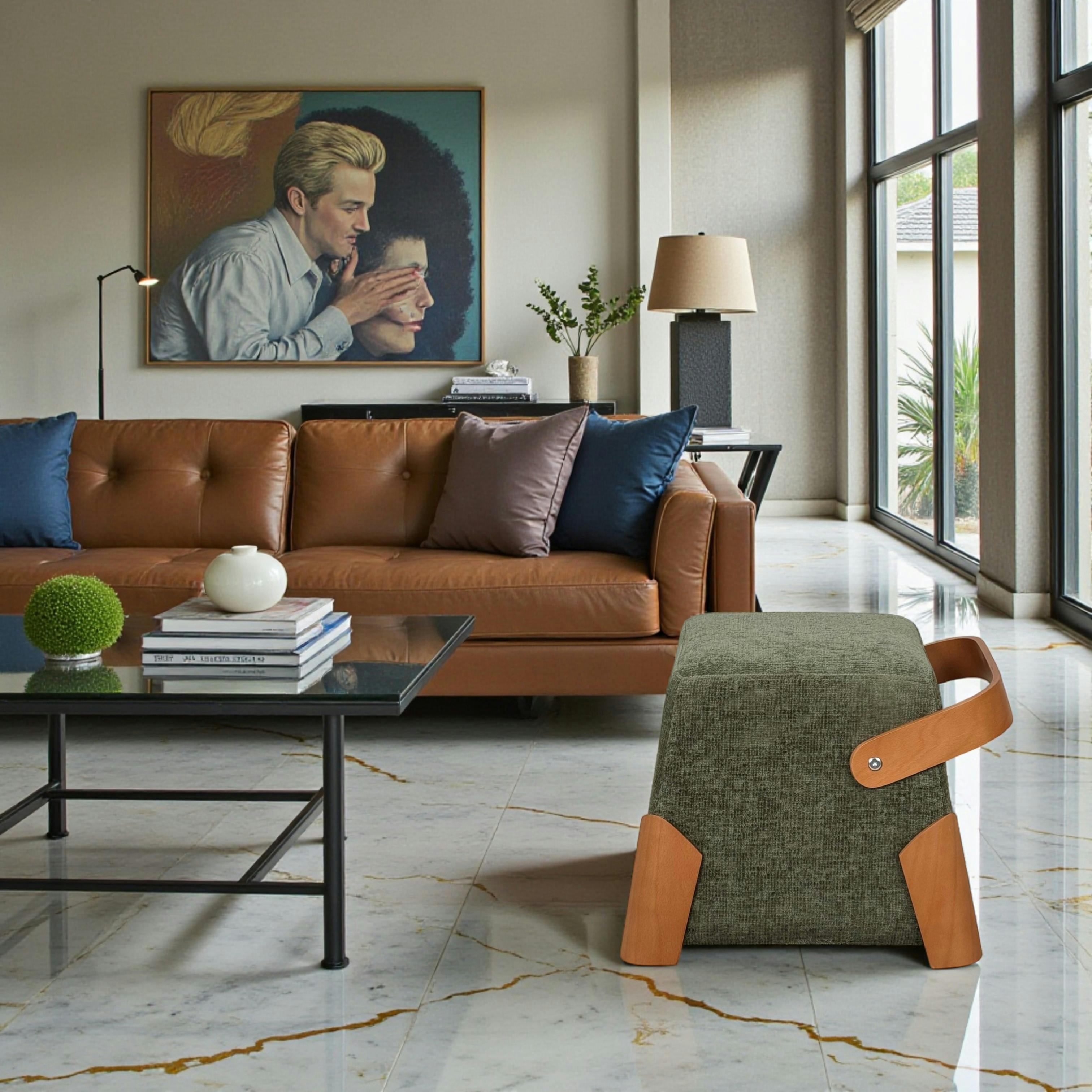Pouf design kaki avec poignée en bois IENA