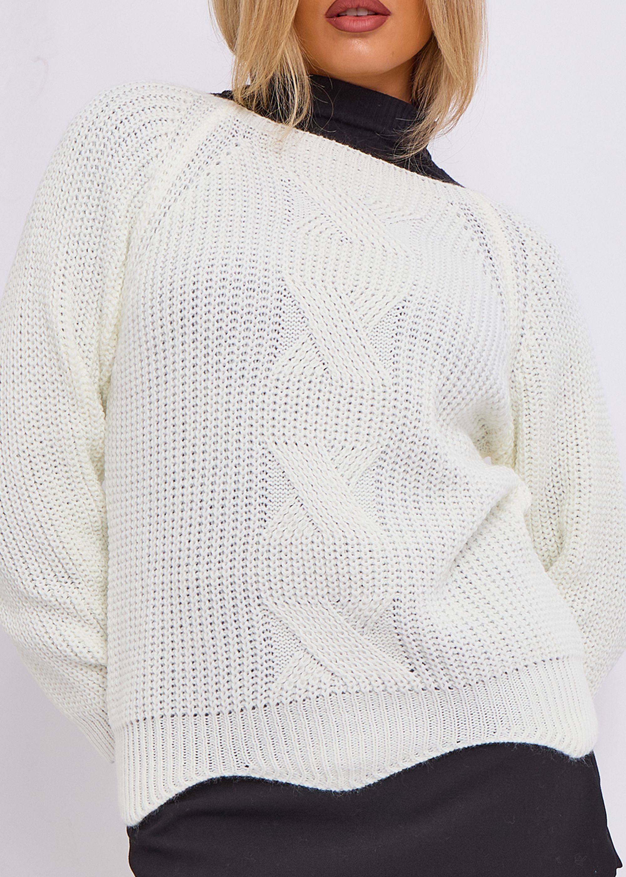 Gini London Cream Crew Neck Rib Knit Oversized Jumper