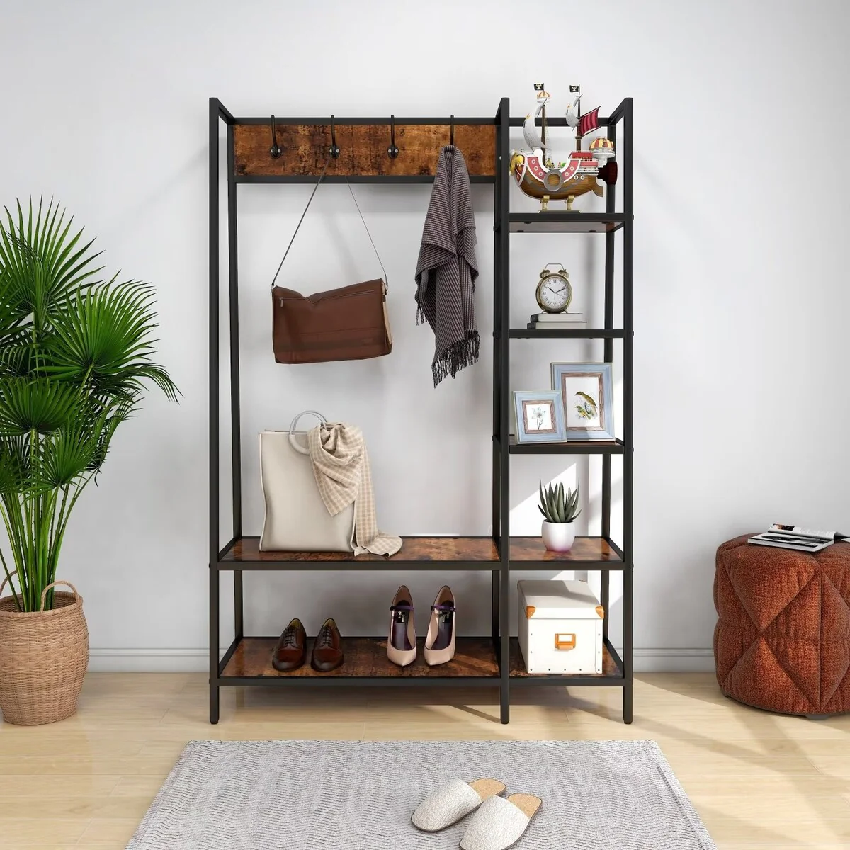 46'' Wide Solid Wood Hall Tree with Bench and Shoe Storage, Industrial Rustic Coat Rack with 5 Shelves and 4 Hooks